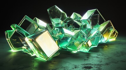 Poster - Intricate Arrangement of Hexagonal and Diamond Shaped Geometric Objects in Luminous Green Tones
