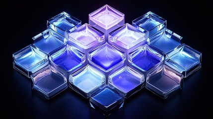 Poster - Intricate Arrangement of Hexagonal and Diamond Shaped Glass Tiles in Vibrant Colors on Dark Background