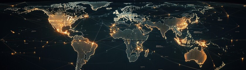 Poster - A global view of Earth illuminated at night, highlighting major cities and regions with glowing lights against a dark background.