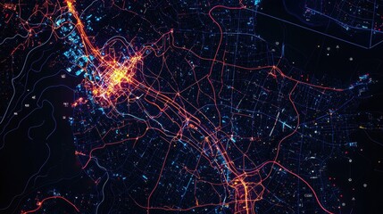Poster - A vibrant, abstract representation of a cityscape at night, showcasing illuminated roads and buildings connected by intricate networks.