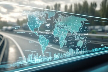 Poster - A digital map displayed on a futuristic interface, showcasing global geography with urban elements, viewed through a vehicle's window.