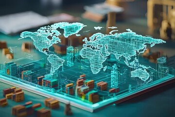 Poster - A futuristic 3D holographic map of the world with digital elements and small city models, representing technology and urban development.