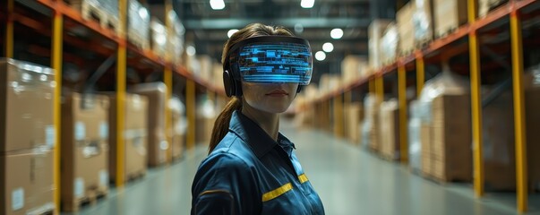 Poster - A woman wearing VR goggles stands in a warehouse filled with stacked boxes, showcasing a blend of technology and logistics.