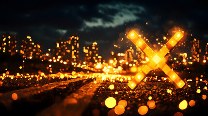 Poster - A glowing orange X shape stands out against a blurred city skyline at night, illuminated by numerous sparkling lights