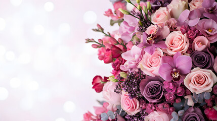 Poster - A vibrant bouquet of pink and purple flowers, showcasing delicate roses and orchids against a soft, blurred background