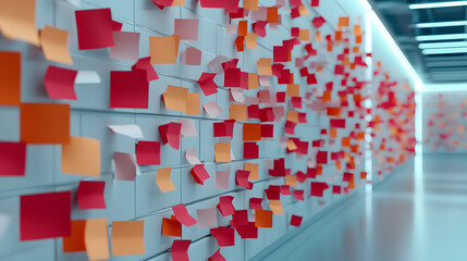 Poster - A vibrant wall covered with colorful sticky notes in red, orange, and yellow, creating a dynamic and creative atmosphere