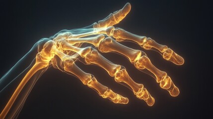 Poster - A hyper-realistic representation of a human hand highlights the intricate details of its skeletal structure. The glowing bones reveal anatomical precision, creating a stunning visual contrast