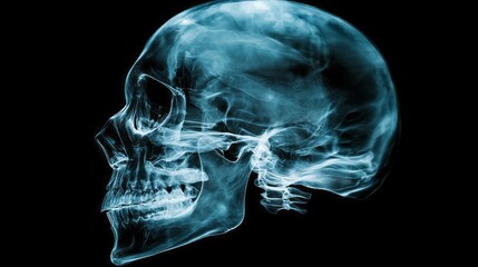 Poster - A stunning representation of a human skull, showcasing exquisite detail and clarity. The intricate structures are illuminated in a captivating blue light, inviting close examination of its features