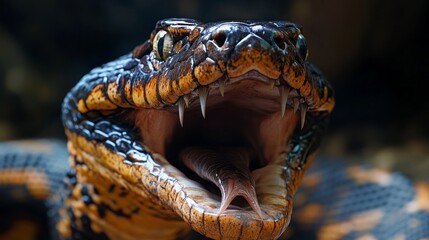 Poster - A striking encounter with a menacing snake, its mouth agape, displaying sharp fangs and a flickering tongue. The serpent's vibrant scales glisten under natural light, revealing exquisite patterns