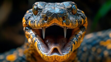 Poster - A hyper-realistic portrayal of a fierce predator, showcasing its sharp teeth and vibrant colors. The creature is poised in a lush, wild environment, evoking both awe and respect
