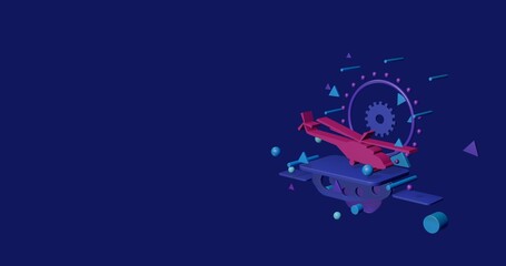 Poster - Pink helicopter symbol on a pedestal of abstract geometric shapes floating in the air. Abstract concept art with flying shapes on the right. 3d illustration on indigo background