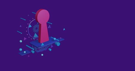 Poster - Pink keyhole symbol on a pedestal of abstract geometric shapes floating in the air. Abstract concept art with flying shapes on the left. 3d illustration on deep purple background