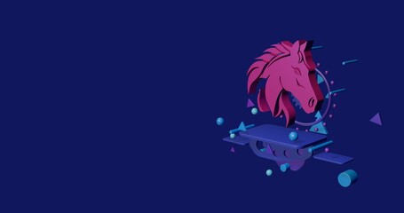 Poster - Pink horse's head symbol on a pedestal of abstract geometric shapes floating in the air. Abstract concept art with flying shapes on the right. 3d illustration on indigo background