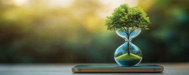 Poster - Tree growing inside hourglass placed on smartphone, symbolizing time and nature. Environmental conservation and technology concept