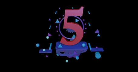 Poster - Red number five symbol on a pedestal of abstract geometric shapes floating in the air. Abstract concept art with flying shapes in the center. 3d illustration on black background