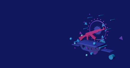 Poster - Pink assault rifle on a pedestal of abstract geometric shapes floating in the air. Abstract concept art with flying shapes on the right. 3d illustration on indigo background