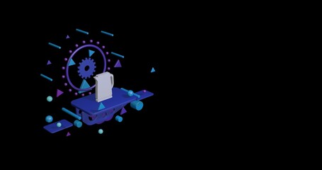 Poster - White kettle symbol on a pedestal of abstract geometric shapes floating in the air. Abstract concept art with flying shapes on the left. 3d illustration on black background