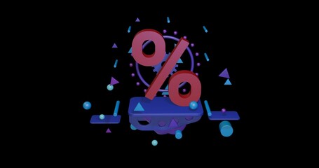 Poster - Red percent symbol on a pedestal of abstract geometric shapes floating in the air. Abstract concept art with flying shapes in the center. 3d illustration on black background