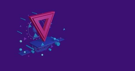Poster - Pink give way sign on a pedestal of abstract geometric shapes floating in the air. Abstract concept art with flying shapes on the left. 3d illustration on deep purple background