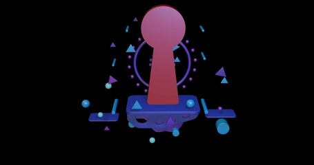 Poster - Red keyhole symbol on a pedestal of abstract geometric shapes floating in the air. Abstract concept art with flying shapes in the center. 3d illustration on black background