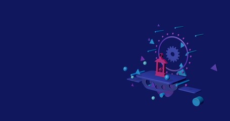 Poster - Pink Christmas lantern on a pedestal of abstract geometric shapes floating in the air. Abstract concept art with flying shapes on the right. 3d illustration on indigo background