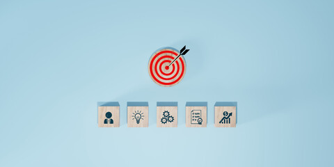 Wall Mural - woods block step on table with icon action plan, goal and target, success and business target concep