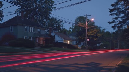 Poster - A blur of red and white car light trails add a pop of color to the serene atmosphere of a suburban neighborhood.