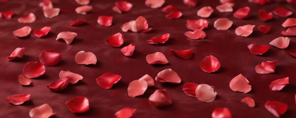 Wall Mural - Red rose petals scattered on a velvet red background, romantic, arrangement, floral