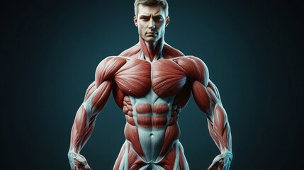 Poster - A striking representation of a male anatomical figure, intricately displaying detailed muscle layers against a dim backdrop