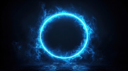 Aufkleber - Round neon light blue glow smooth. Laser glow frame with smoke effect. Bright led border in the shape of a ring on a black background. Electric futuristic portal template for design