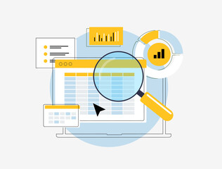 Poster - Accounting and finance audit illustration with tools for budget calculation, profit and loss analysis, report generation and data visualization. Business accounting with graphs and financial metrics