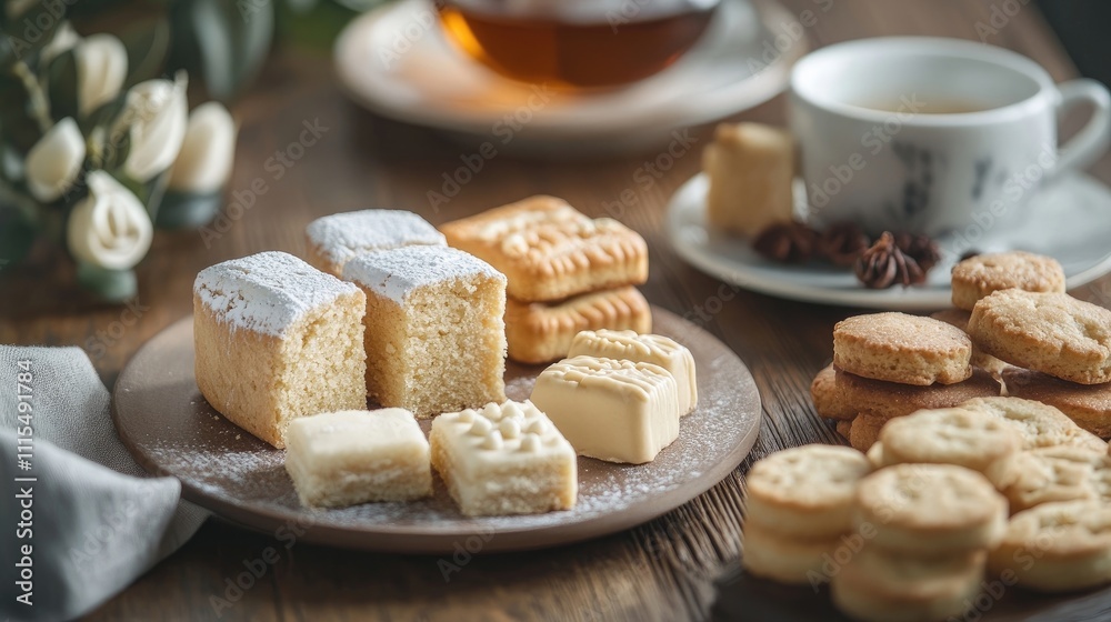 Delicious tea cakes accompanied by tea are beautifully arranged on a ...
