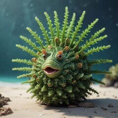 Large green Christmas tree worm with a big head, underwater life, slimy sea creature, green creature