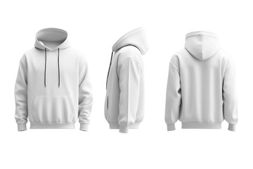 white hoodies are shown in a row, with the hoods up