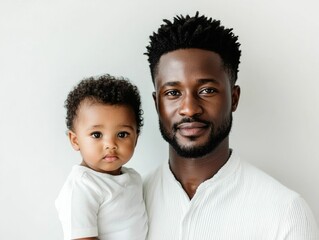 Portrait of a proud loving father tenderly holding his small child with a gentle smile showing the emotional bond and connection between them captured on a plain white studio background