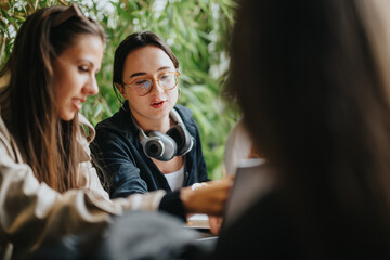 Poster - A group of high school friends study together in a cozy coffee shop. They collaborate on assignments, showcasing teamwork and friendship in a relaxed setting. Perfect for education and social themes.