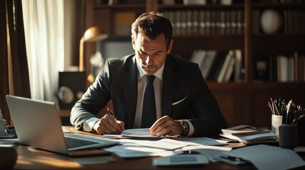Poster - A man in a tailored suit is concentrating on his work at a contemporary office desk