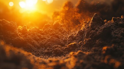 Poster - Golden sunrise over sculpted tea powder landscape nature scene closeup view artistic exploration tranquil environment