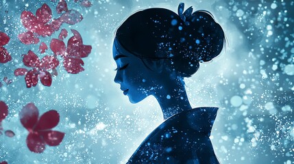 Fototapete - Elegant watercolor portrait of a woman amid blossoms an artistic expression of serene beauty in profile view
