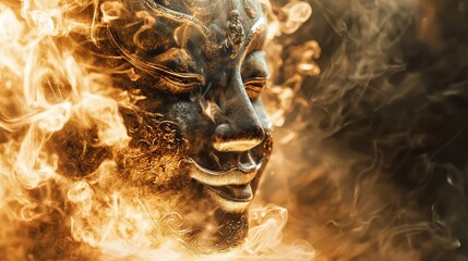 Poster - Incense smoke swirls around a serene buddha face in mystical setting spiritual art ethereal atmosphere close-up perspective