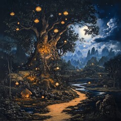 Poster - Enchanting night in a magical forest tranquil river fantasy art dimly lit whimsical glow nature's serenity