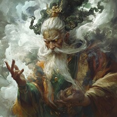 Poster - Ancient sage conjuring magic mystic realm digital art ethereal atmosphere dramatic angle spiritual awakening