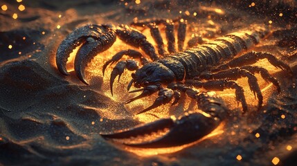 Poster - Intricate scorpion emerges from sand grains desert landscape closeup nature photography golden glow macro perspective