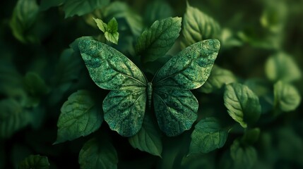 Poster - Butterfly made of holy basil leaves among greenery nature scene artistic arrangement close-up view serenity concept