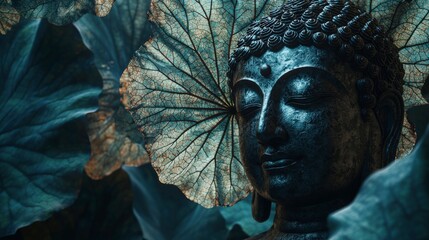 Aufkleber - Nature photography of a serene buddha in a tranquil garden surrounded by overlapping lotus leaves a spiritual close-up