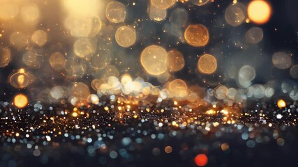 Poster - A shimmering golden bokeh background with sparkling glitter in the foreground, creating a warm, magical, and festive atmosphere.