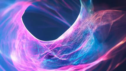 Poster - Vivid abstract artwork showcasing neon mesh structures in pink and blue, with dynamic flowing light trails and a sense of movement.