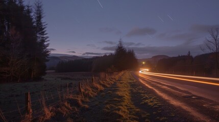 Poster - The rolling hills and tall trees of the countryside are beautifully highlighted by the long light trails of passing cars.