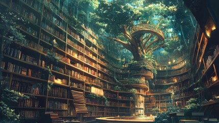 Poster - Explore an enchanted forest a serene digital library connecting global readers through fantasy art and knowledge