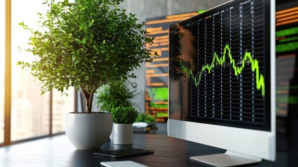 Poster - Modern Workspace with Green Plant and Financial Chart Display